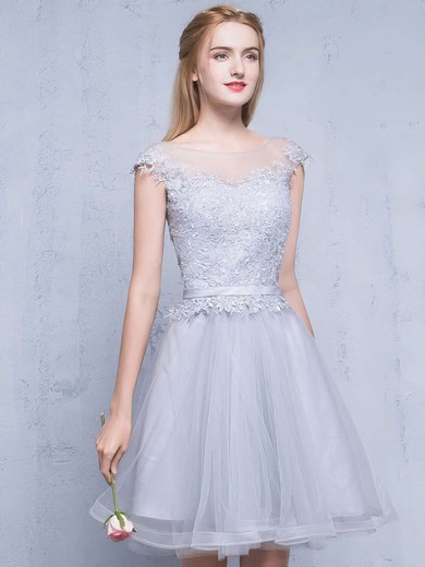 A-line Scoop Neck Tulle Short/Mini Appliques Lace Pretty Bridesmaid Dresses #JCD010020102753