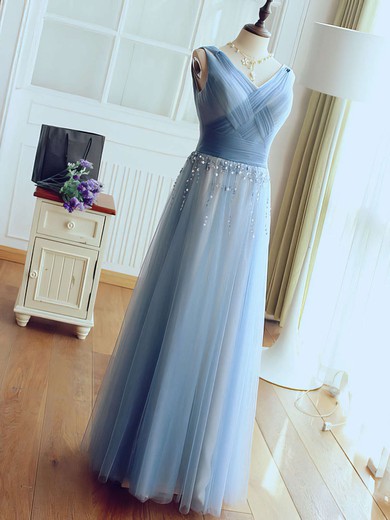 A-line V-neck Tulle Floor-length Beading Glamorous Bridesmaid Dresses #JCD010020102764