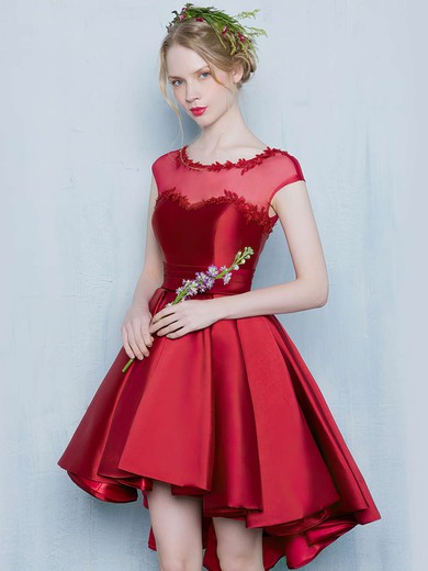Prettiest Princess Scoop Neck Satin Tulle Asymmetrical Appliques Lace Cap Straps High Low Bridesmaid Dresses #JCD010020103133
