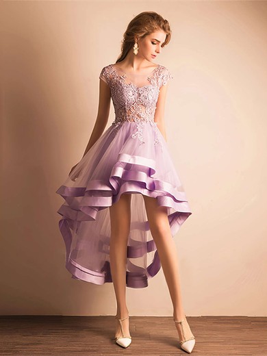 A-line Scoop Neck Tulle Asymmetrical Appliques Lace Cap Straps High Low Glamorous Bridesmaid Dresses #JCD010020103141
