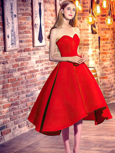 Classic Princess Sweetheart Satin Asymmetrical Ruffles Red High Low Bridesmaid Dresses #JCD010020103199