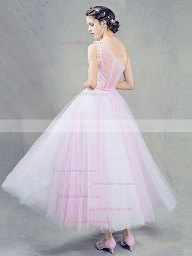 Ball Gown One Shoulder Tulle Ankle-length Sashes / Ribbons Pink Sweet Bridesmaid Dresses #JCD010020103243
