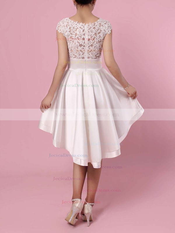 A-line Scoop Neck Satin Tulle Asymmetrical Appliques Lace Cap Straps High Low Original Bridesmaid Dresses #JCD010020103433