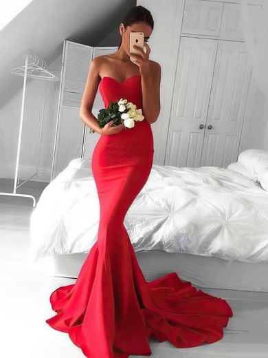 Top Trumpet/Mermaid Sweetheart Silk-like Satin Sweep Train Ruffles Red Backless Bridesmaid Dresses #JCD010020103568