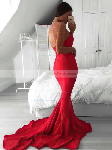 Top Trumpet/Mermaid Sweetheart Silk-like Satin Sweep Train Ruffles Red Backless Bridesmaid Dresses #JCD010020103568