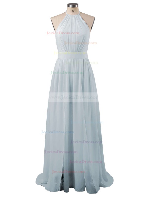 Summer A-line Halter Chiffon Floor-length Split Front Backless Bridesmaid Dresses #JCD010020103638