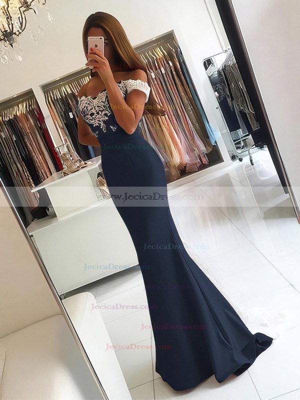 Trumpet/Mermaid Off-the-shoulder Tulle Silk-like Satin Sweep Train Appliques Lace Backless Latest Bridesmaid Dresses #JCD010020103721