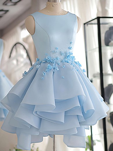 A-line Scoop Neck Satin Tulle Short/Mini Flower(s) Original Bridesmaid Dresses #JCD010020103777