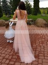 A-line V-neck Tulle Sweep Train Appliques Lace Bridesmaid Dresses #JCD010020105330