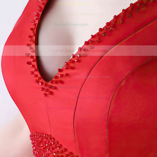 A-line V-neck Satin Asymmetrical Beading Bridesmaid Dresses #JCD010020105372