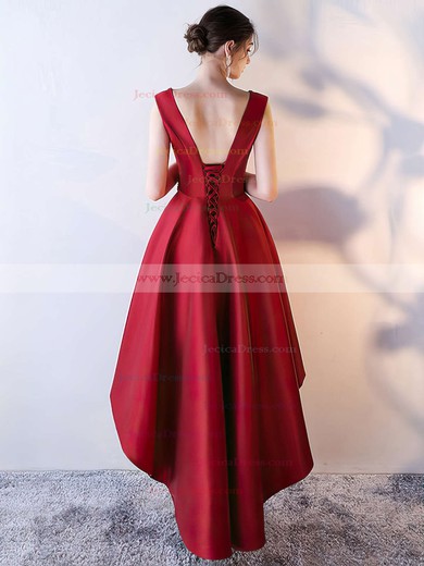 A-line V-neck Satin Asymmetrical Beading Bridesmaid Dresses #JCD010020105372