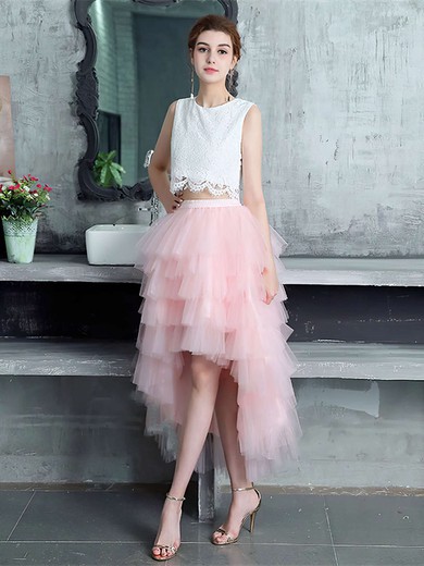 A-line Scoop Neck Lace Tulle Asymmetrical Tiered Bridesmaid Dresses #JCD010020105394