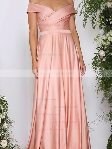 A-line Off-the-shoulder Silk-like Satin Sweep Train Ruffles Bridesmaid Dresses #JCD010020105737