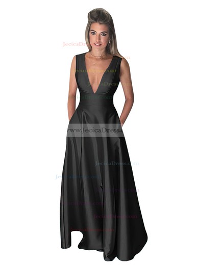 A-line V-neck Satin Floor-length Pockets Bridesmaid Dresses #JCD010020106098