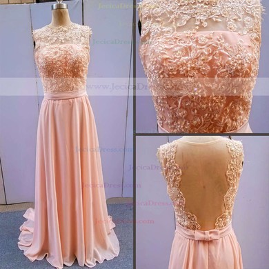 A-line Bateau Chiffon Floor-length Lace Bridesmaid Dresses #JCD01002014904