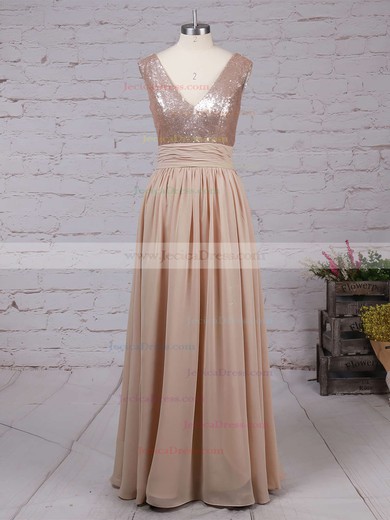 Champagne V-neck Sequined and Chiffon Pleats Inexpensive Bridesmaid Dresses #JCD01002016329