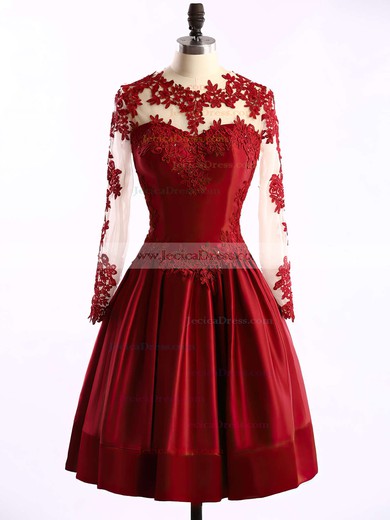 Gorgeous Elastic Woven Satin Tulle Appliques Lace Burgundy Short/Mini Long Sleeve Bridesmaid Dresses #JCD01002016430