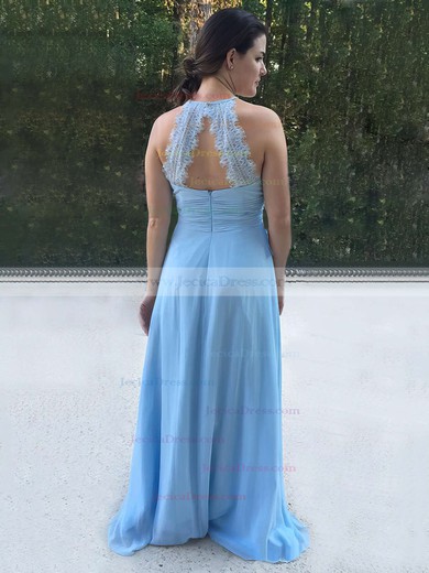 Chiffon A-line Halter Sweep Train Lace Bridesmaid Dresses #JCD01013730