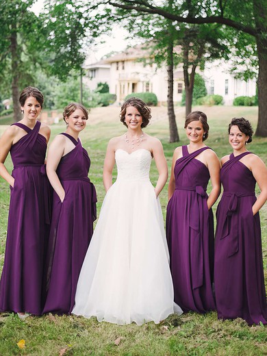 Chiffon A-line V-neck Floor-length Sashes / Ribbons Bridesmaid Dresses #JCD01013747