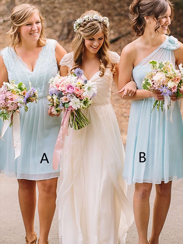 Chiffon A-line V-neck Knee-length Lace Bridesmaid Dresses #JCD01013748
