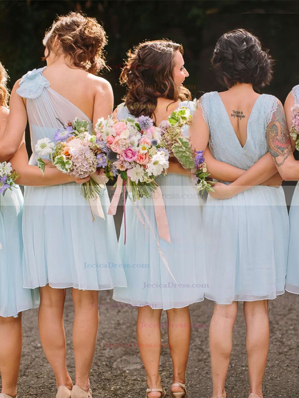 Chiffon A-line V-neck Knee-length Lace Bridesmaid Dresses #JCD01013748