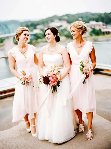 Chiffon A-line V-neck Tea-length Ruffles Bridesmaid Dresses #JCD01013754