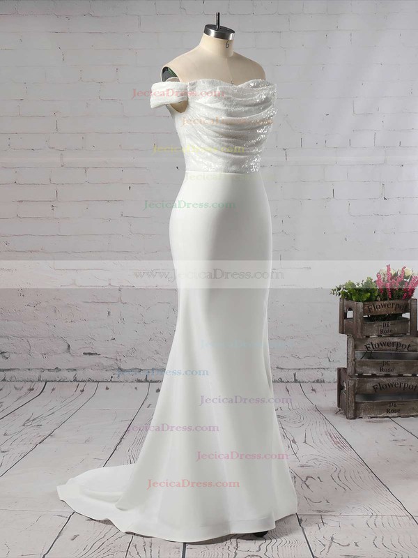 Sequined Silk-like Satin Trumpet/Mermaid Off-the-shoulder Sweep Train Ruffles Bridesmaid Dresses #JCD01013743