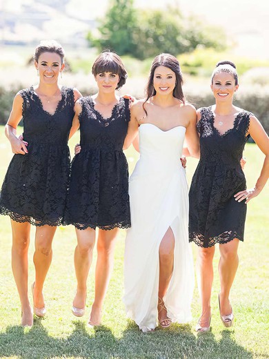 Lace A-line V-neck Short/Mini Bridesmaid Dresses #JCD01013755