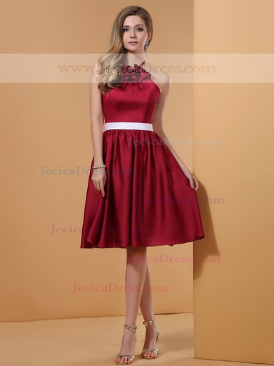 Burgundy Original Satin With Ruffles Knee-length Halter Prom Dresses #JCD02051663