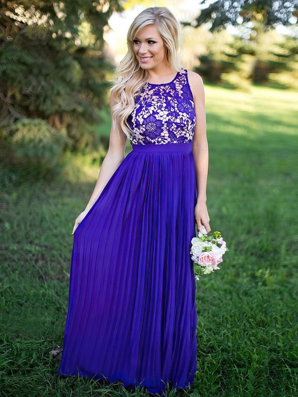 Lace Chiffon A-line Scoop Neck Floor-length Pleats Bridesmaid Dresses #JCD01013759