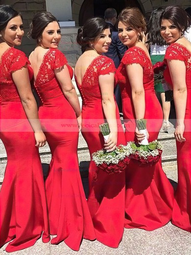 Lace Silk-like Satin Trumpet/Mermaid V-neck Sweep Train Sashes / Ribbons Bridesmaid Dresses #JCD01013737