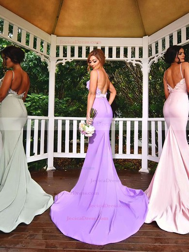 Jersey Trumpet/Mermaid Sweetheart Sweep Train Appliques Lace Bridesmaid Dresses #JCD01013742