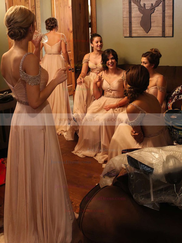 Chiffon A-line V-neck Floor-length Beading Bridesmaid Dresses #JCD01013746