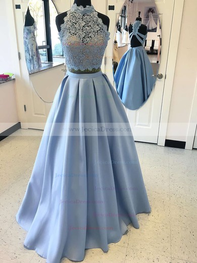 Floor-length High Neck Princess Beading Lace Satin Prom Dresses #JCD020105044