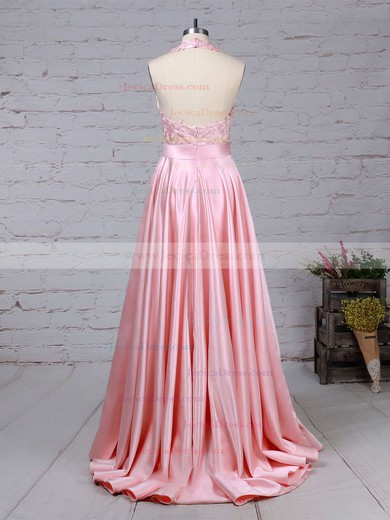 Sweep Train Halter Princess Appliques Lace Taffeta Prom Dresses #JCD020105085