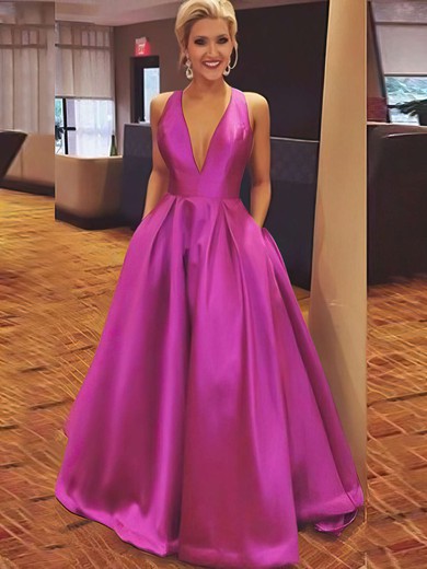 Floor-length V-neck A-line Bow Elastic Woven Satin Prom Dresses #JCD020106112