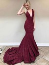 Trumpet/Mermaid V-neck Lace Sweep Train Prom Dresses #JCD020106406