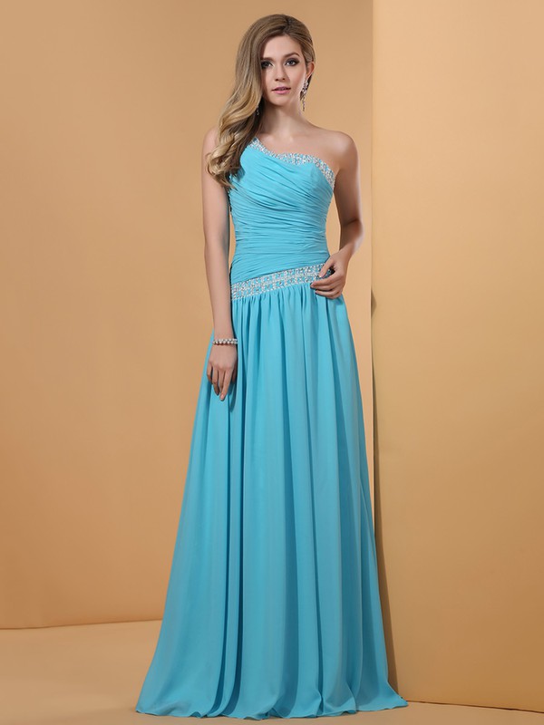 A-line Blue Chiffon with Beading Cheap One Shoulder Prom Dress #JCD02014353