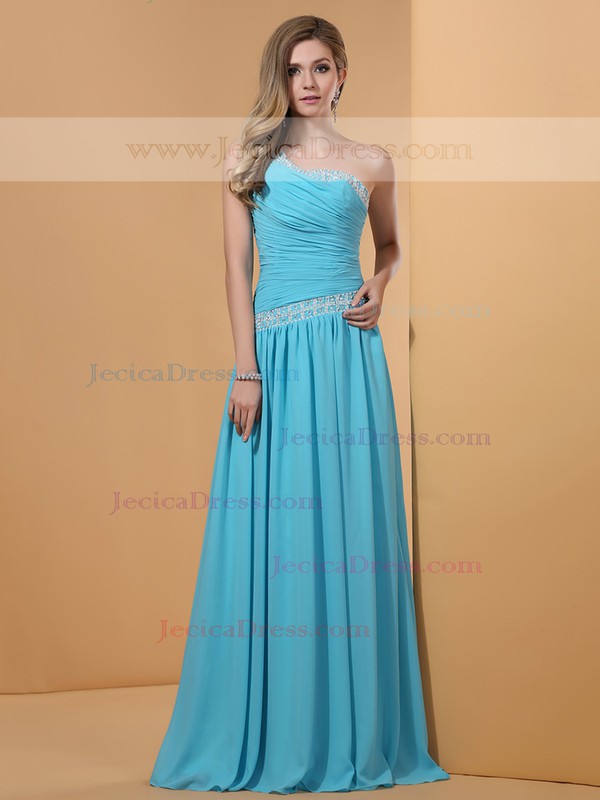 A-line Blue Chiffon with Beading Cheap One Shoulder Prom Dress #JCD02014353