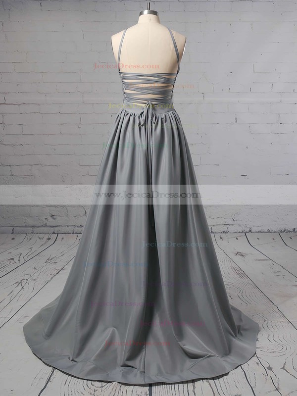 Silk-like Satin A-line Halter Sweep Train Prom Dresses #JCD020106379