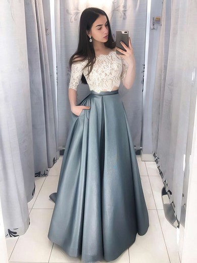 Lace Satin Ball Gown Off-the-shoulder Floor-length Prom Dresses #JCD020106380