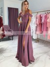 Silk-like Satin A-line Off-the-shoulder Floor-length Split Front Prom Dresses #JCD020106382