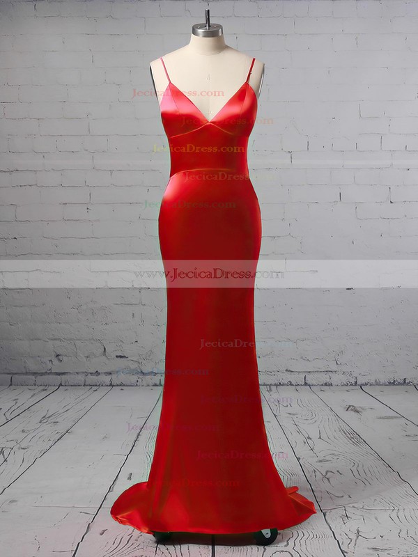 Silk-like Satin Trumpet/Mermaid V-neck Floor-length Buttons Prom Dresses #JCD020106387