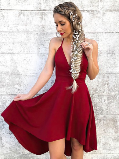 Silk-like Satin A-line V-neck Asymmetrical Prom Dresses #JCD020106388