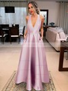 Satin A-line V-neck Floor-length Bow Prom Dresses #JCD020106389