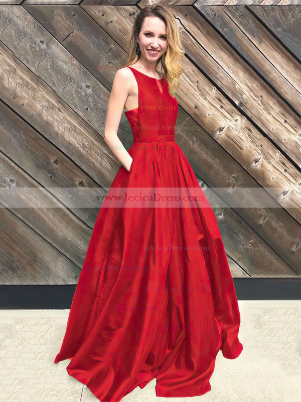 Satin Princess Scoop Neck Floor-length Pockets Prom Dresses #JCD020106390