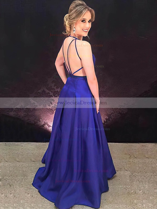 Satin A-line V-neck Floor-length Prom Dresses #JCD020106392