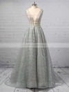 Lace Princess V-neck Sweep Train Pockets Prom Dresses #JCD020106393