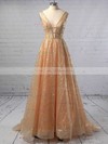 Lace Princess V-neck Sweep Train Pockets Prom Dresses #JCD020106393