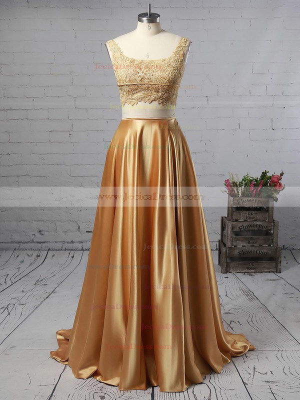 Lace Silk-like Satin A-line Square Neckline Sweep Train Pockets Prom Dresses #JCD020106398
